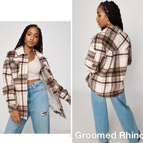 Garage Vancity Brown Plaid Shacket Size L - Picture 1 of 7